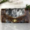 Myra Black & White Cowhide Floral Tooled Wallet Handbags & Wallets
