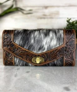 Myra Black & White Cowhide Floral Tooled Wallet Handbags & Wallets