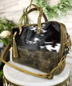 Myra Black & White Cowhide Laptop Handbag