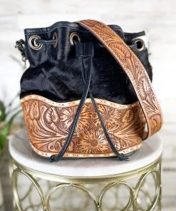 American Darling Black & White Cowhide Tooled Bucket Handbag Handbags & Wallets