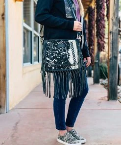 Sixtease >> MEGA SALE << Black, White & Silver Cowhide Fringe Handbag