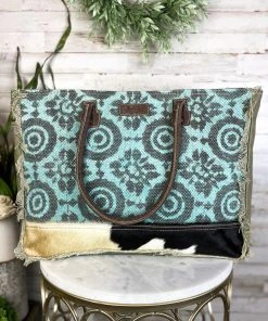 Sixtease Handbags & Wallets Blue Arrangement Cowhide Weekender Handbag