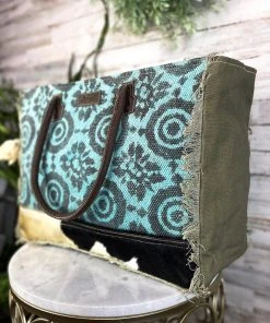 Sixtease Handbags & Wallets Blue Arrangement Cowhide Weekender Handbag