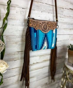 American Darling Handbags & Wallets Blue Aztec Saddle Blanket & Floral Tooled Leather Crossbody