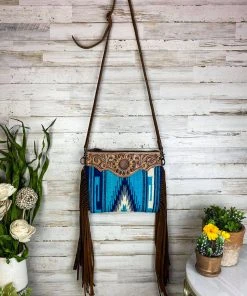 American Darling Handbags & Wallets Blue Aztec Saddle Blanket & Floral Tooled Leather Crossbody