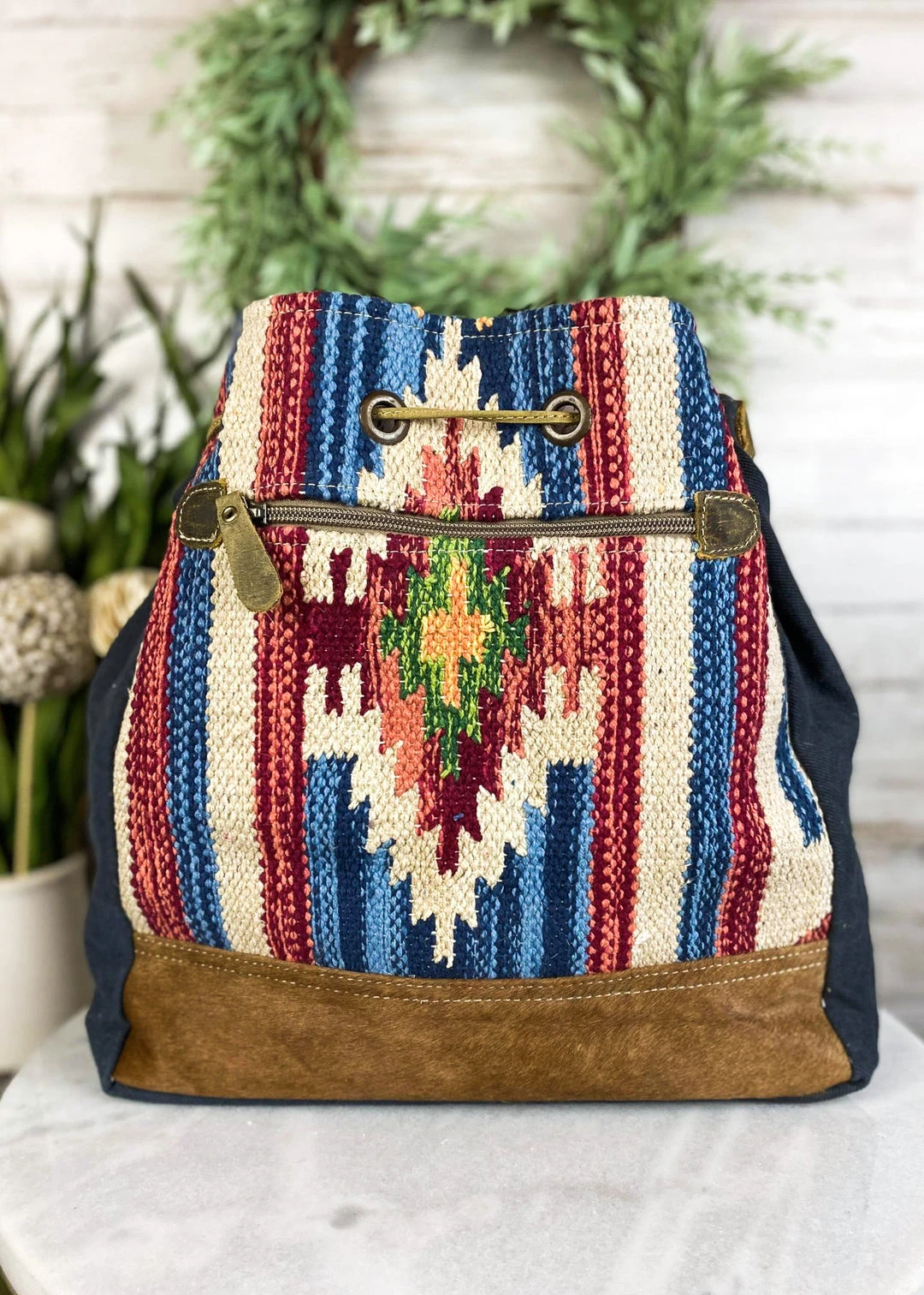 Myra Blue Aztec & Cowhide Bucket Handbag | Stylish Crossbody Handbag for Women 6 Myra Blue Aztec & Cowhide Bucket Handbag Handbags & Wallets