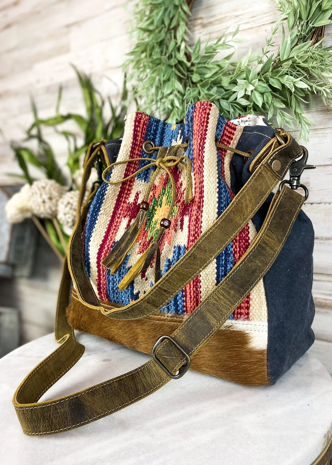 Myra Blue Aztec & Cowhide Bucket Handbag | Stylish Crossbody Handbag for Women 5 Myra Blue Aztec & Cowhide Bucket Handbag Handbags & Wallets