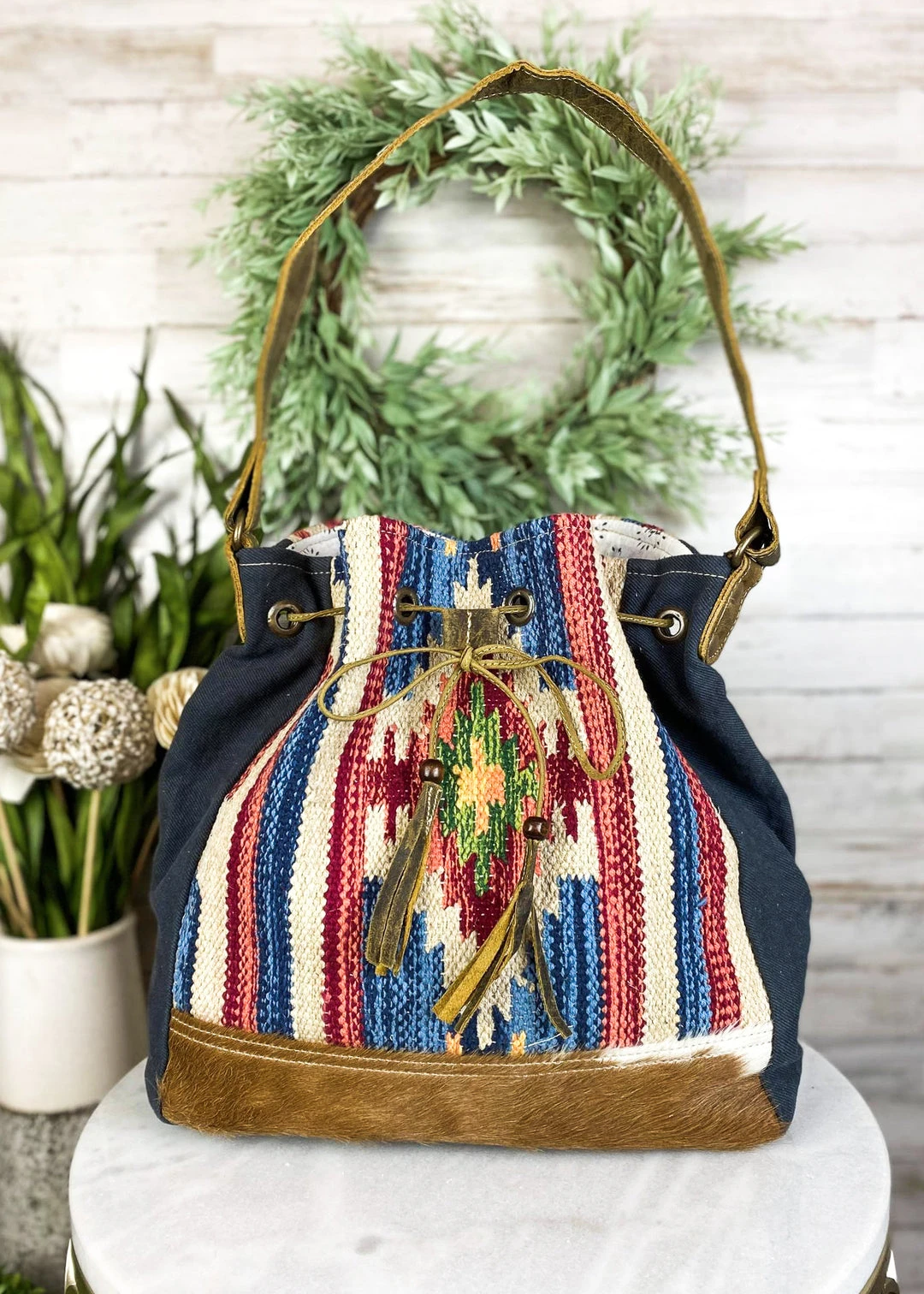 Myra Blue Aztec & Cowhide Bucket Handbag | Stylish Crossbody Handbag for Women 4 Myra Blue Aztec & Cowhide Bucket Handbag Handbags & Wallets