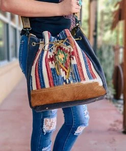 Myra Blue Aztec & Cowhide Bucket Handbag | Stylish Crossbody Handbag for Women 13 Myra Blue Aztec & Cowhide Bucket Handbag Handbags & Wallets