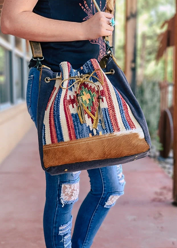 Myra Blue Aztec & Cowhide Bucket Handbag | Stylish Crossbody Handbag for Women 8 Myra Blue Aztec & Cowhide Bucket Handbag Handbags & Wallets
