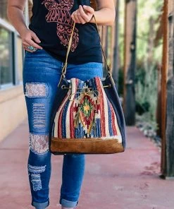 Myra Blue Aztec & Cowhide Bucket Handbag Handbags & Wallets