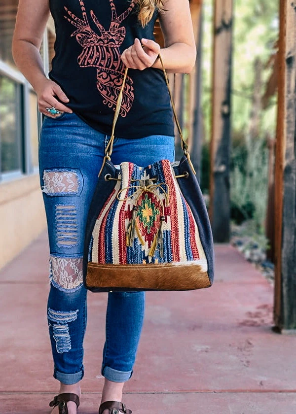 Myra Blue Aztec & Cowhide Bucket Handbag | Stylish Crossbody Handbag for Women 3 Myra Blue Aztec & Cowhide Bucket Handbag Handbags & Wallets