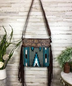 American Darling Handbags & Wallets Blue & Grey Aztec Fringe Crossbody Handbag