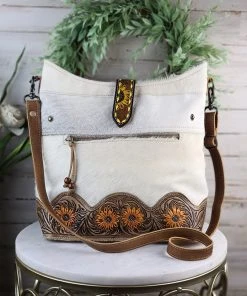 Myra Handbags & Wallets Brooklyn Grey Cowhide Sunflower Handbag