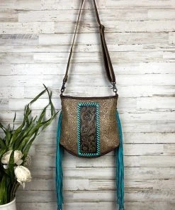 Myra Handbags & Wallets Brown Floral Tooled & Turquoise Whipstitched Crossbody Handbag
