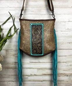 Myra Handbags & Wallets Brown Floral Tooled & Turquoise Whipstitched Crossbody Handbag