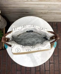 Myra Handbags & Wallets Brown Floral Tooled & Turquoise Whipstitched Crossbody Handbag