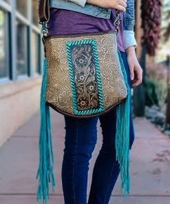 Myra Handbags & Wallets Brown Floral Tooled & Turquoise Whipstitched Crossbody Handbag