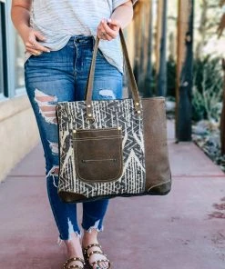 Myra Brown Patterned Pocket Tote Handbag