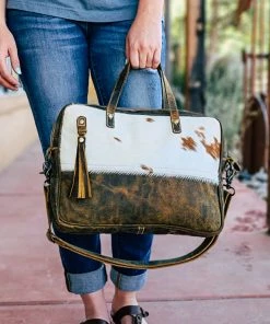 Myra Brown & White Cowhide Laptop Handbag