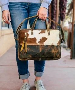Myra Brown & White Cowhide Laptop Handbag