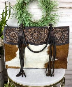 American Darling Brown & White Cowhide Sunflower Tooled Handbag Handbags & Wallets