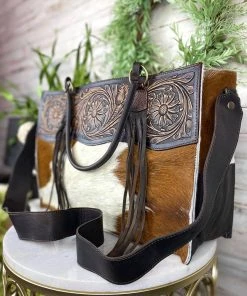 American Darling Brown & White Cowhide Sunflower Tooled Handbag Handbags & Wallets