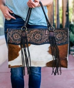 American Darling Brown & White Cowhide Sunflower Tooled Handbag Handbags & Wallets