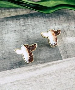 Blue Tortoise Jewelry Brown & White Druzy Cow Head Earrings