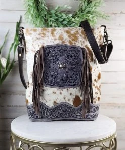 Myra Brown & White Splashes Cowhide Handbag >> MEGA SALE <<