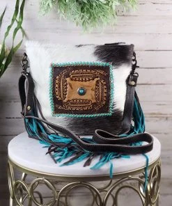 Myra Handbags & Wallets Buckstitch & Feather Cowhide Fringe Handbag