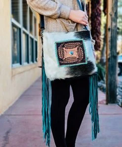 Myra Handbags & Wallets Buckstitch & Feather Cowhide Fringe Handbag