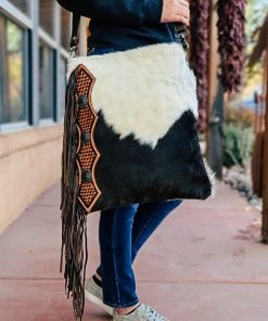 Myra >> MEGA SALE << Hand Tooled Black & White Cowhide Handbag