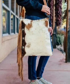 Myra Hand Tooled Brown & White Cowhide Handbag | Stylish Leather Bag | MEGA SALE 27 Myra Hand Tooled Brown & White Cowhide Handbag