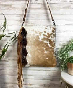 Myra Hand Tooled Brown & White Cowhide Handbag | Stylish Leather Bag | MEGA SALE 22 Myra Hand Tooled Brown & White Cowhide Handbag