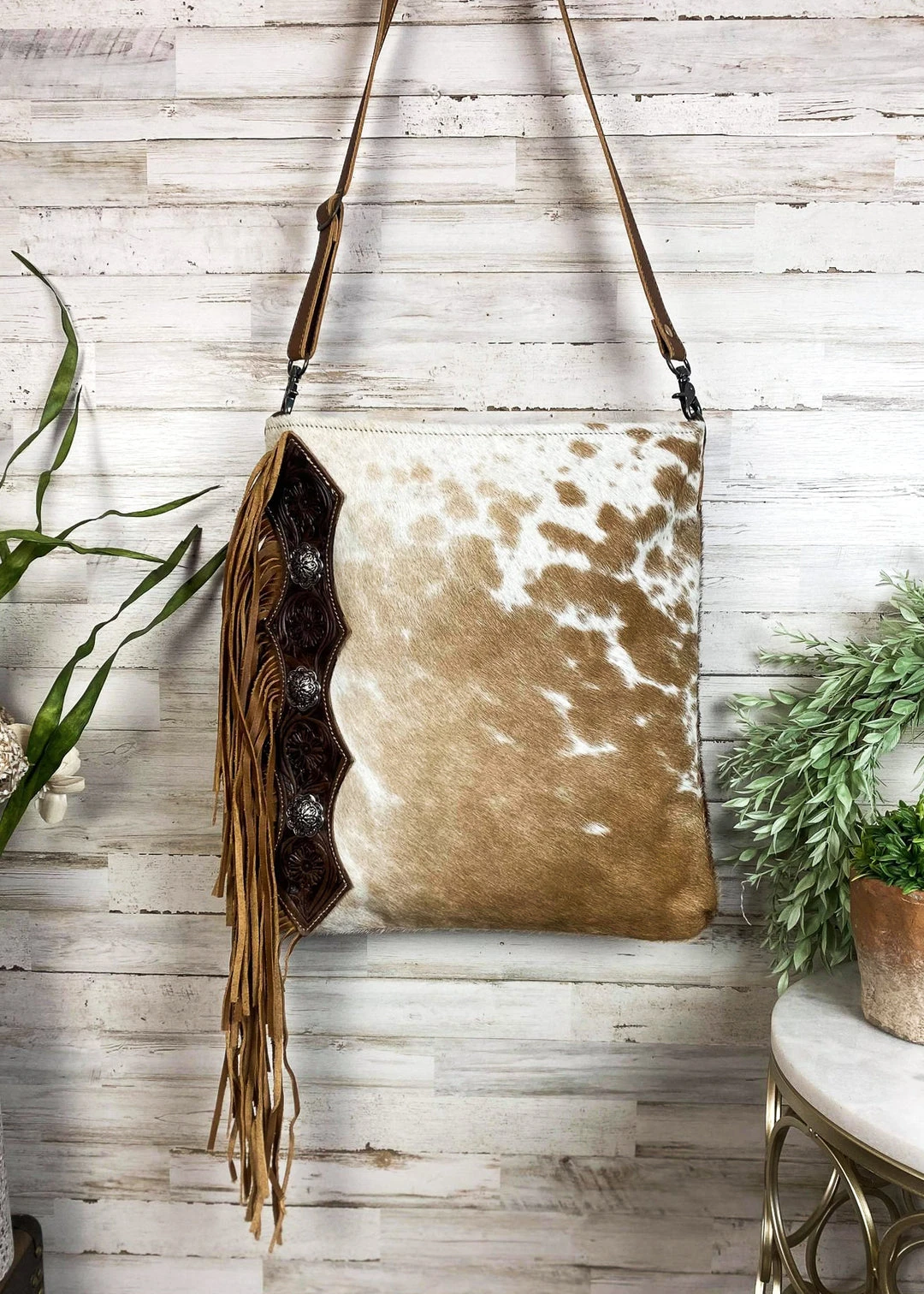 Myra Hand Tooled Brown & White Cowhide Handbag | Stylish Leather Bag | MEGA SALE 9 Myra Hand Tooled Brown & White Cowhide Handbag