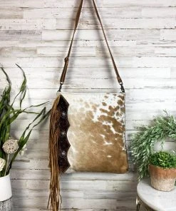 Myra Hand Tooled Brown & White Cowhide Handbag | Stylish Leather Bag | MEGA SALE 24 Myra Hand Tooled Brown & White Cowhide Handbag