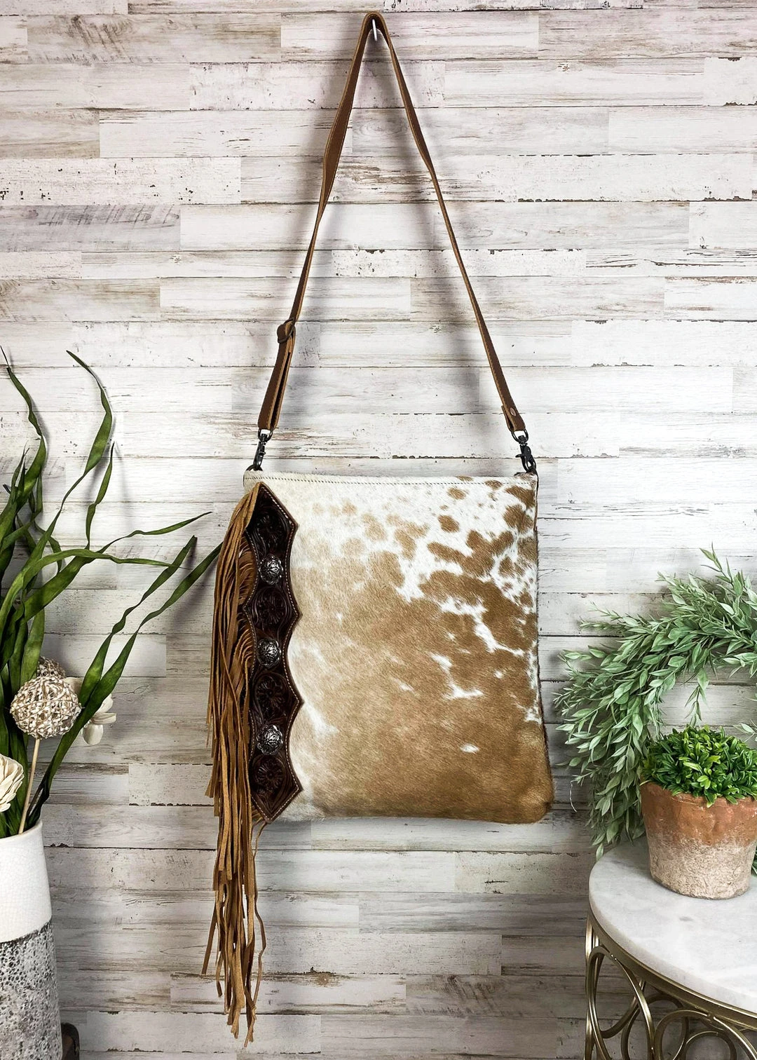 Myra Hand Tooled Brown & White Cowhide Handbag | Stylish Leather Bag | MEGA SALE 11 Myra Hand Tooled Brown & White Cowhide Handbag