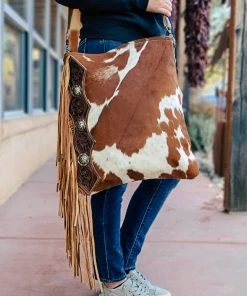 Myra Hand Tooled Brown & White Cowhide Handbag | Stylish Leather Bag | MEGA SALE 29 Myra Hand Tooled Brown & White Cowhide Handbag