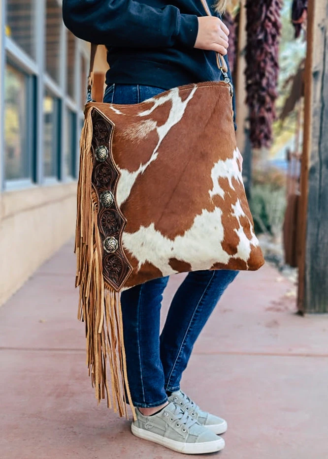 Myra Hand Tooled Brown & White Cowhide Handbag | Stylish Leather Bag | MEGA SALE 16 Myra Hand Tooled Brown & White Cowhide Handbag