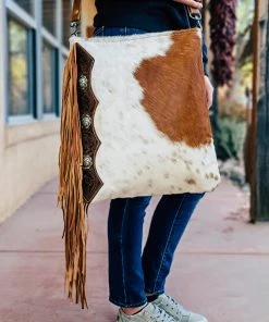 Myra Hand Tooled Brown & White Cowhide Handbag | Stylish Leather Bag | MEGA SALE 18 Myra Hand Tooled Brown & White Cowhide Handbag