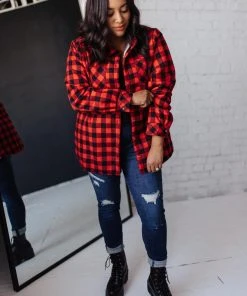Ave Shops Campfire Buffalo Plaid Jacket In Black/Red Long Sleeve Tops