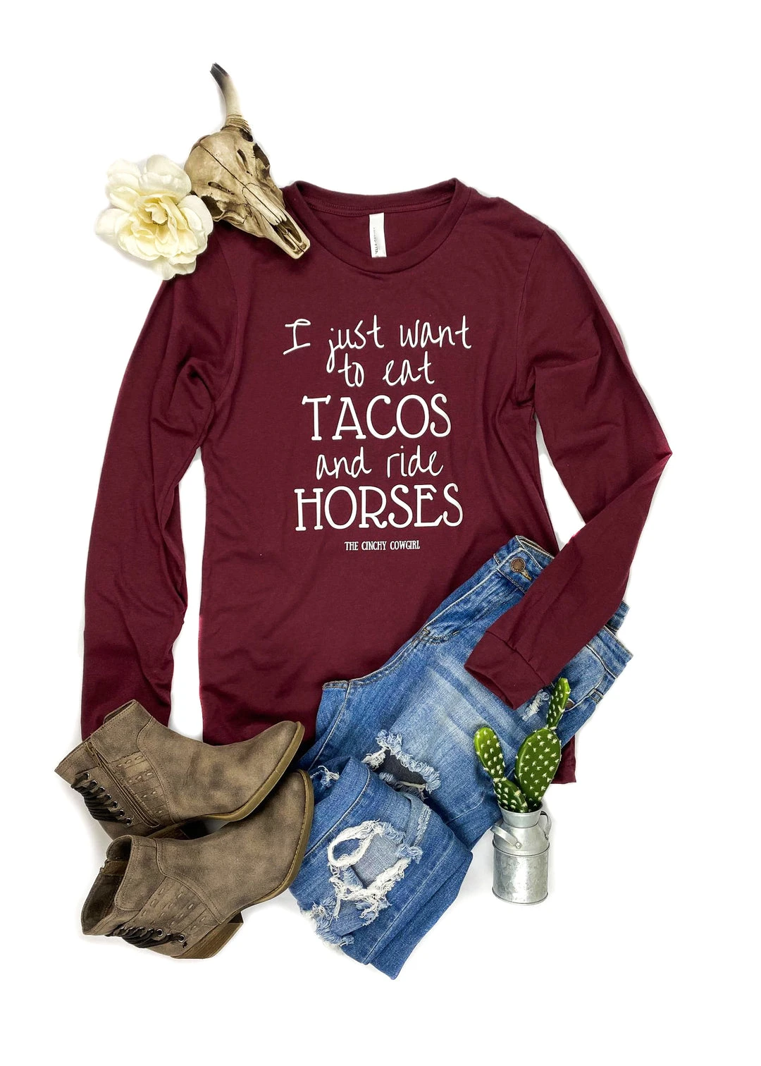 The Cinchy Cowgirl Cardinal Red Eat Tacos Long Sleeve Graphic Tee - TCC Graphic Tanks & Tees 3 The Cinchy Cowgirl Cardinal Red Eat Tacos Long Sleeve Graphic Tee