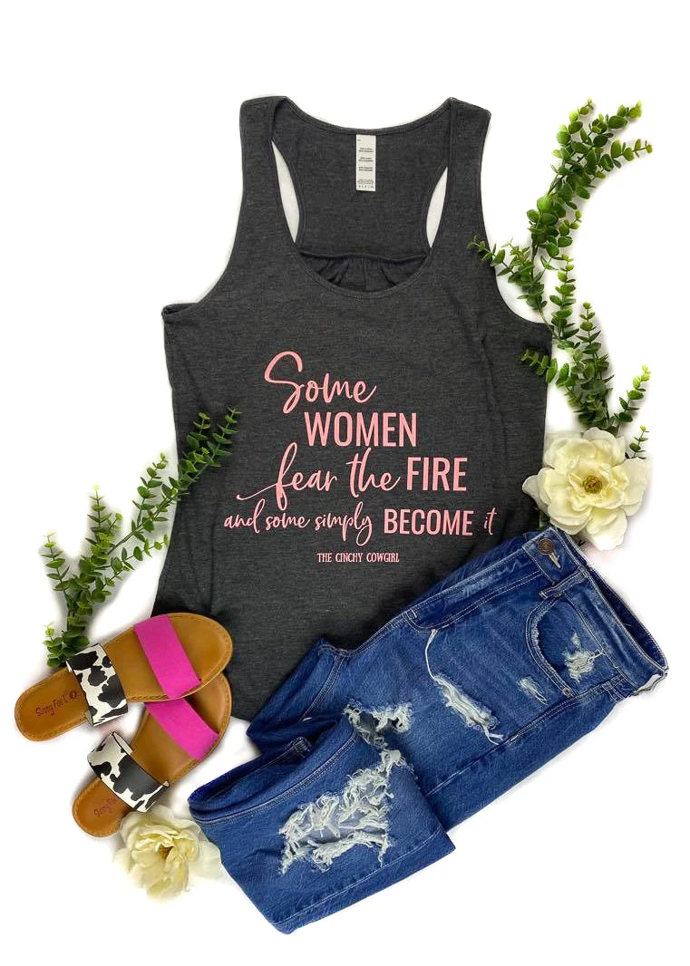 Cinchy Cowgirl Charcoal Fear The Fire Tank Top | Women's Graphic Tank 3 The Cinchy Cowgirl Charcoal Fear The Fire Tank Top