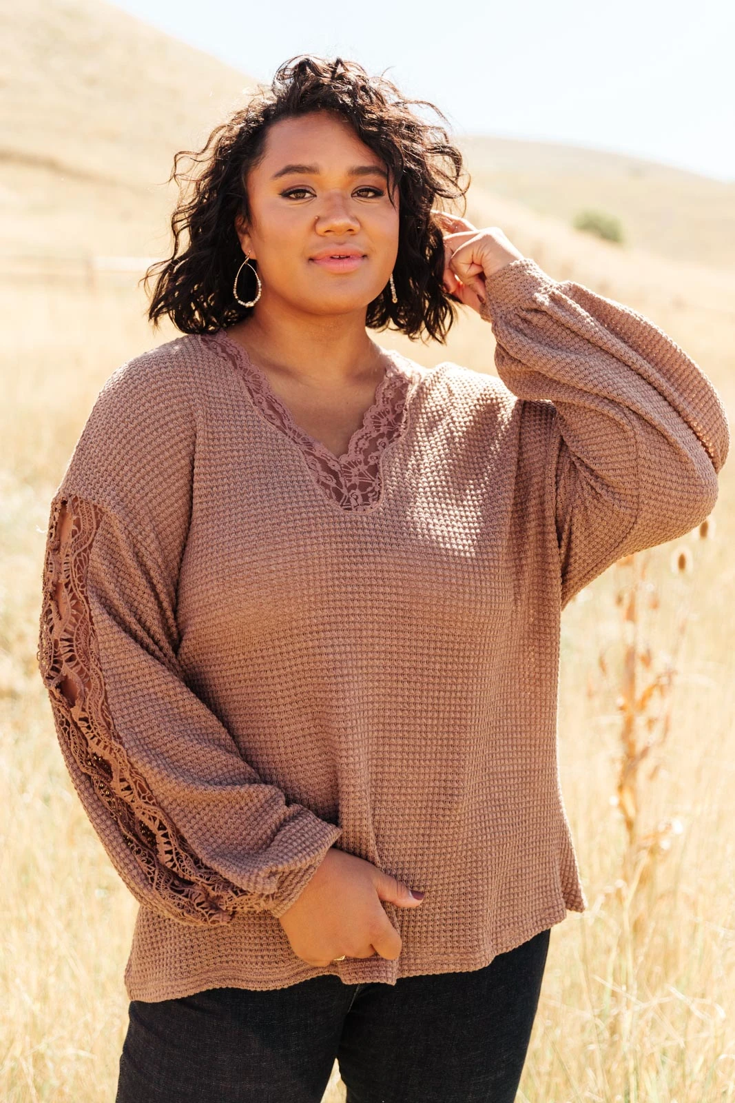 Ave Shops Chloe Lace & Drape Cardigan Sweater in Coco - Elegant Outerwear for Women 12 Ave Shops Cardigans, Sweaters, Outerwear Chloe Lace & Drape Sweater In Coco