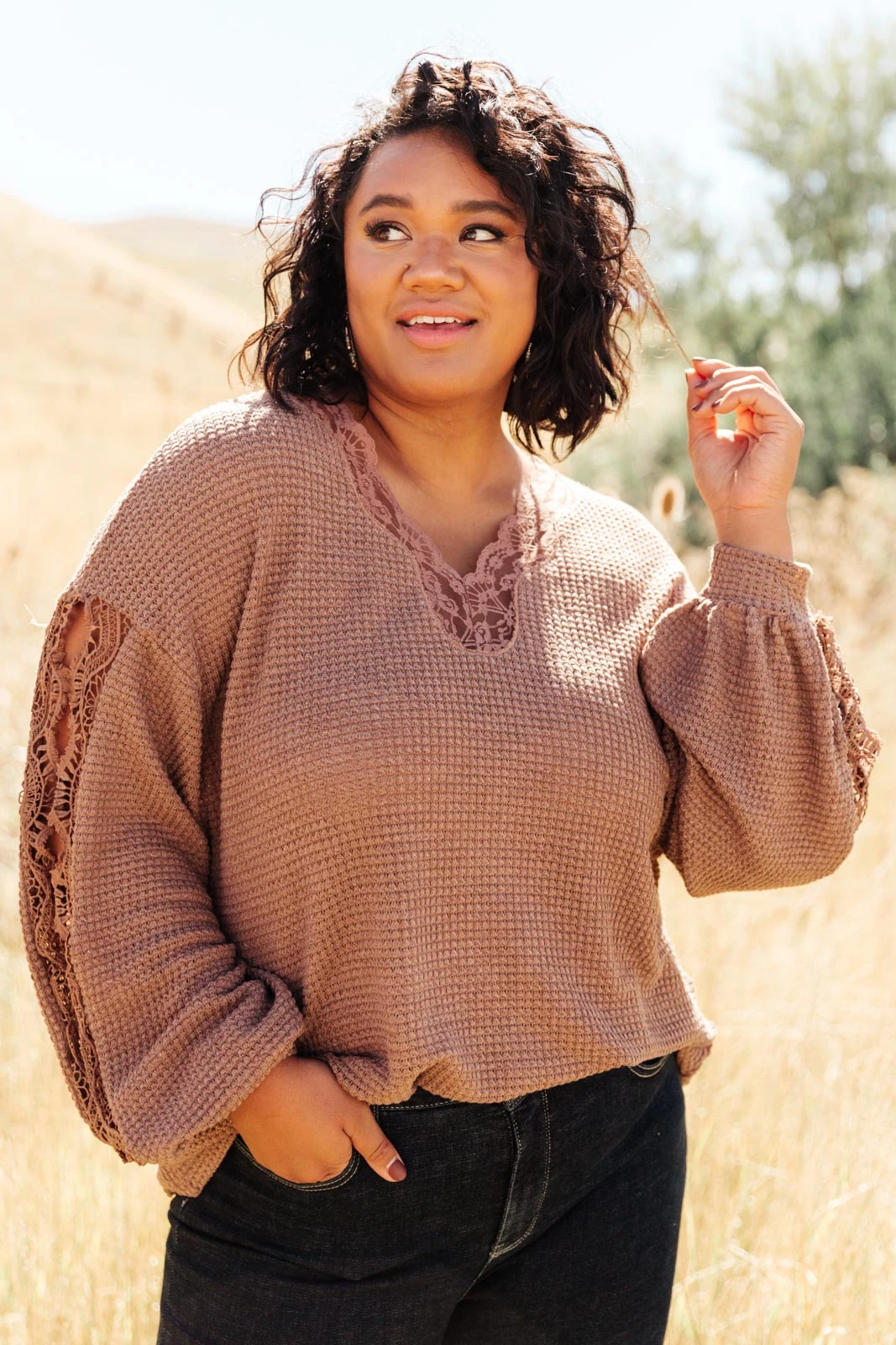 Ave Shops Chloe Lace & Drape Cardigan Sweater in Coco - Elegant Outerwear for Women 19 Ave Shops Cardigans, Sweaters, Outerwear Chloe Lace & Drape Sweater In Coco