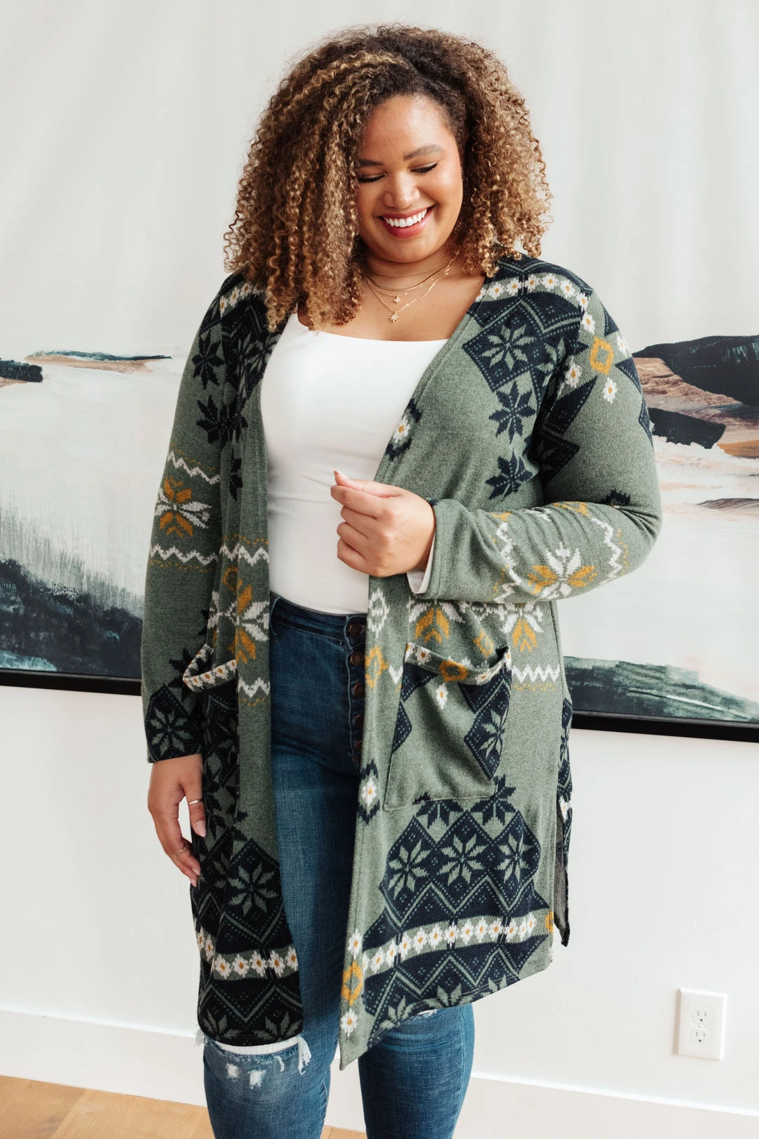 Ave Shops Christmas Night Olive Cardigan - Cozy Women's Outerwear 3 Ave Shops Christmas Night Cardigan In Olive Clothing