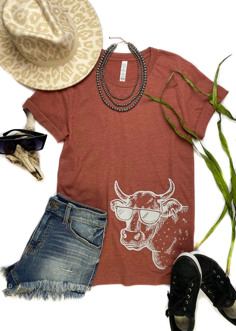 Cinchy Cowgirl Clay Cool Cow Short Sleeve Graphic Tee | TCC Women's Casual Top 3 The Cinchy Cowgirl Clay Cool Cow Side Short Sleeve Tee