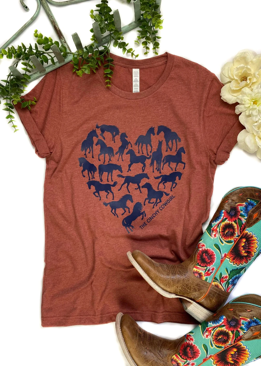Cinchy Cowgirl Clay Horse Heart Short Sleeve Graphic Tee - Stylish & Comfortable 3 The Cinchy Cowgirl Clay Horse Heart Short Sleeve Tee Clothing