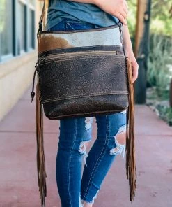 Myra Handbags & Wallets Coffee Floral Tooled Fringe Handbag